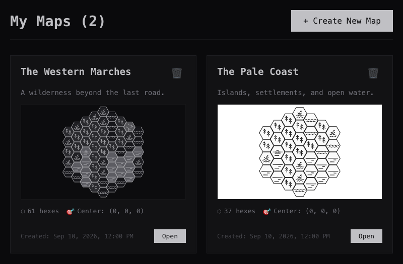 My Maps with two example maps, terrain and POI previews, hex counts, dates and Open buttons